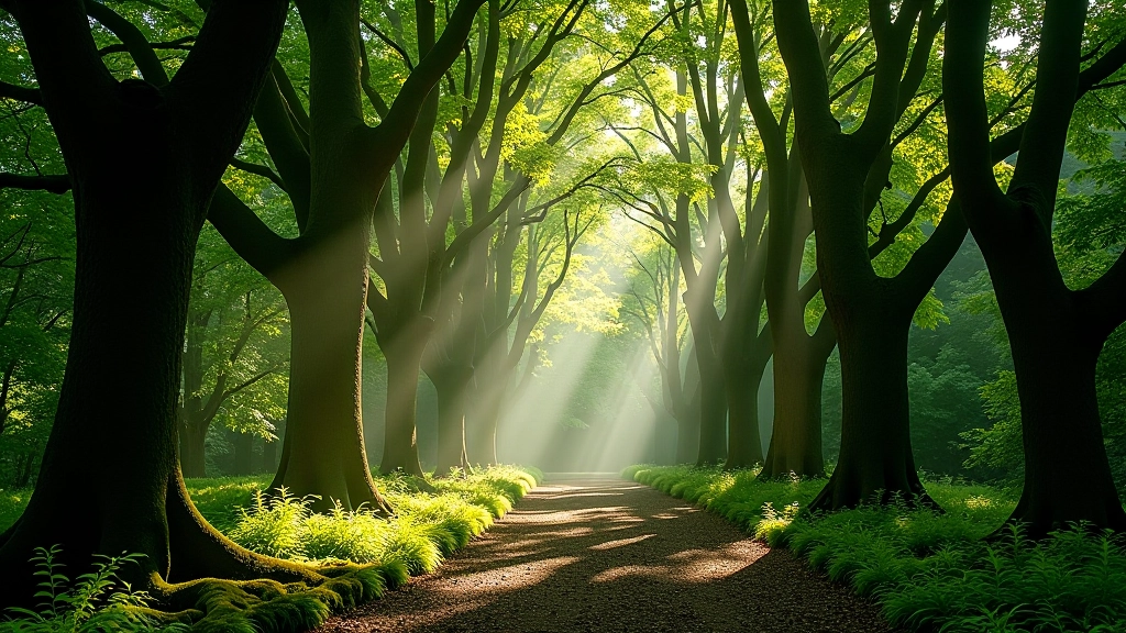Ancient forest interior with diverse tree species, soft natural lighting, peaceful woodland ecosystem