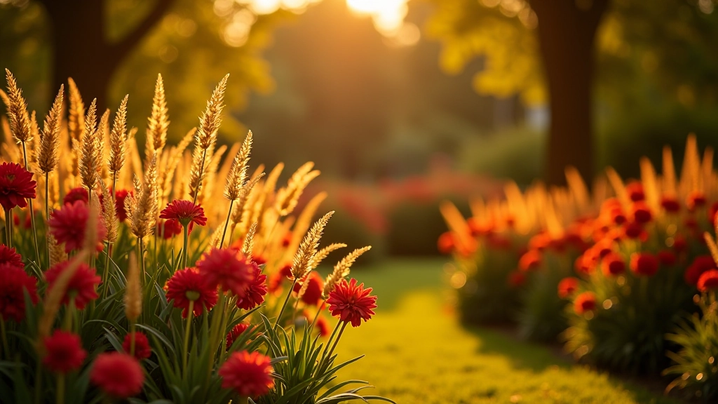 Autumn garden scene with golden ornamental grasses, deep red dahlias, and warm-toned foliage creating rich fall colors