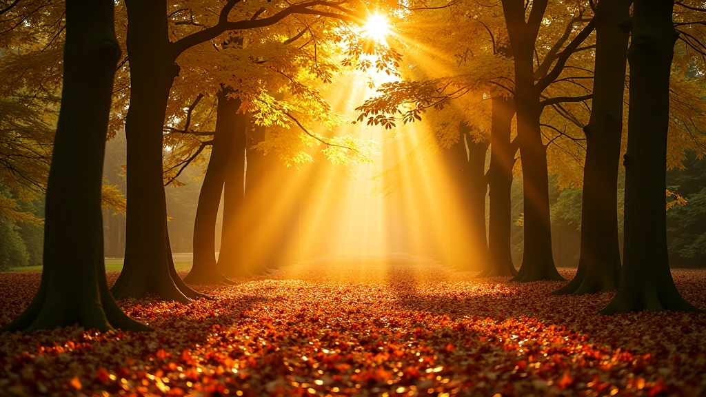 Autumn woodland scene at Curraghmore with golden light filtering through trees and fallen leaves on forest floor