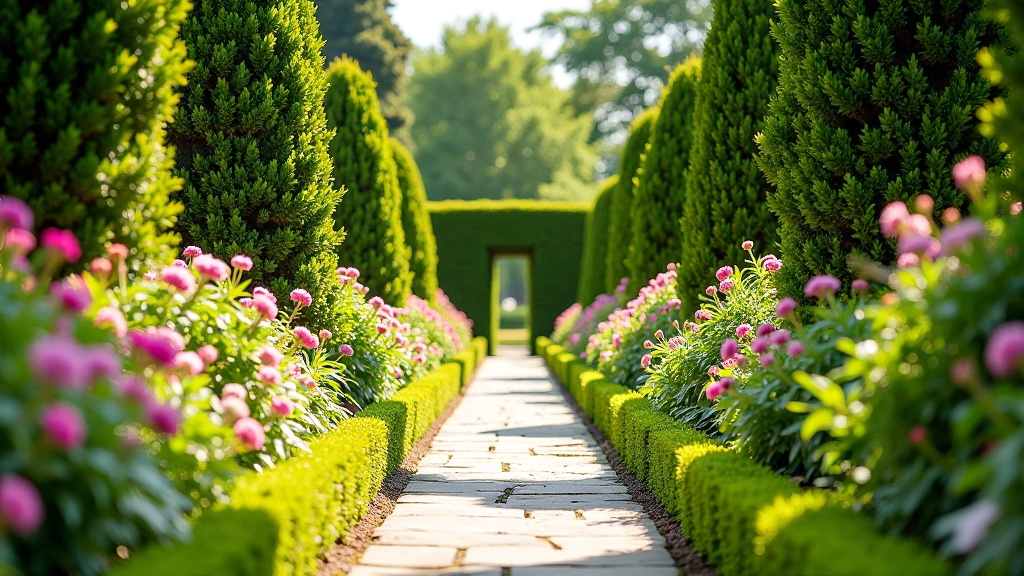 Elegant Mount Congreve gardens with colorful flowering borders and stone pathways winding through manicured grounds