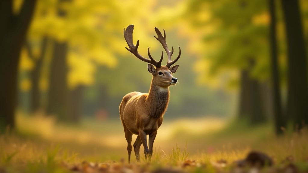 Close-up portrait of fallow deer with palmate antlers standing alert in woodland clearing, soft afternoon light filtering through trees
