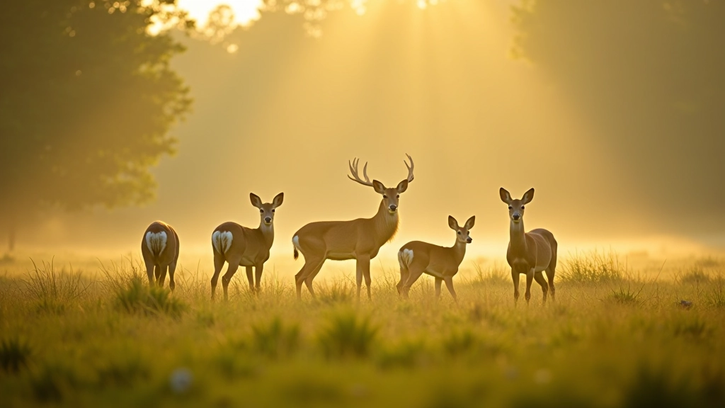Fallow and sika deer grazing peacefully in a misty meadow surrounded by woodland backdrop at dawn