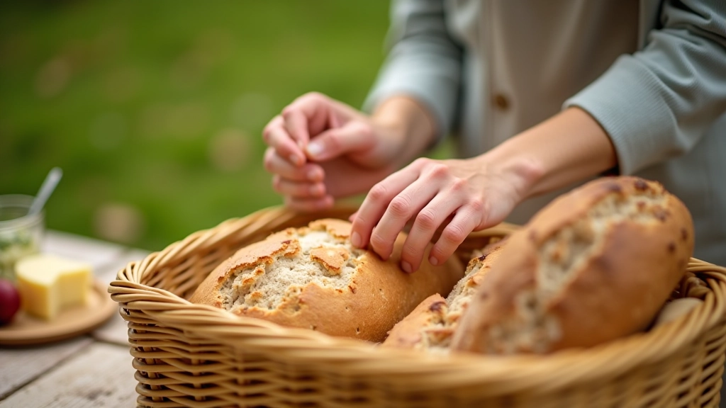 Person arranging food items in picnic basket with fresh bread, cheese, and fruit visible