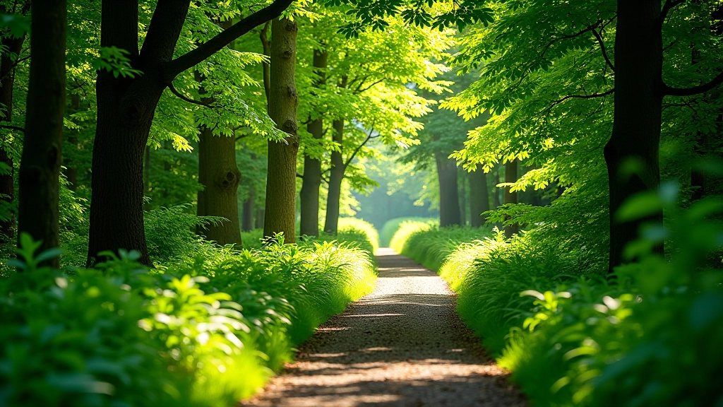 Peaceful woodland path through ancient forest with natural lighting