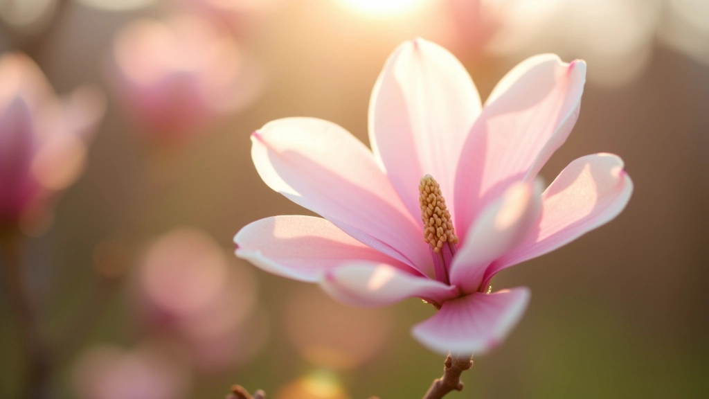Delicate pink and white magnolia blossoms in full bloom with early spring sunlight filtering through branches