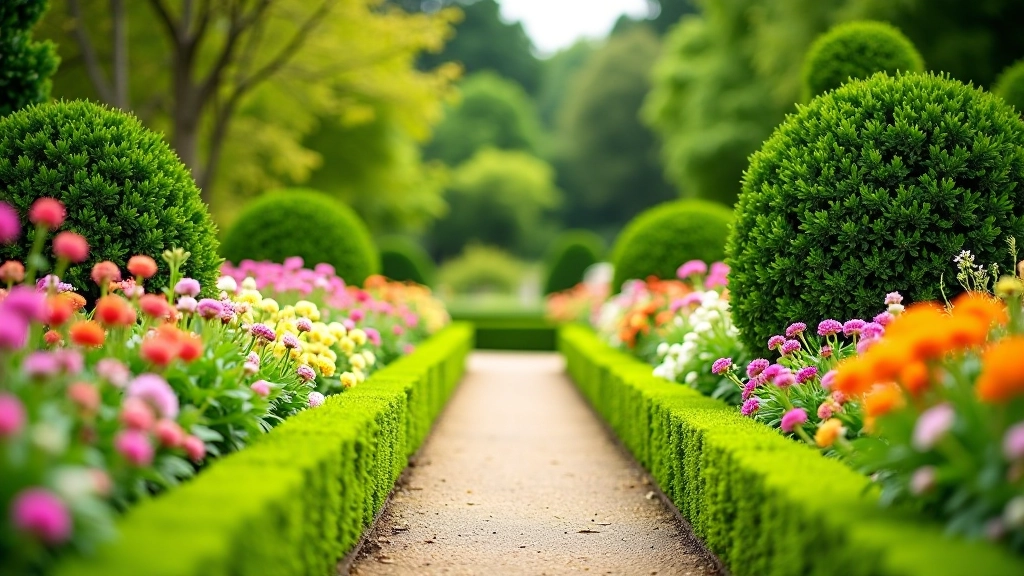 Vibrant seasonal garden landscape with blooming flowers and walking paths