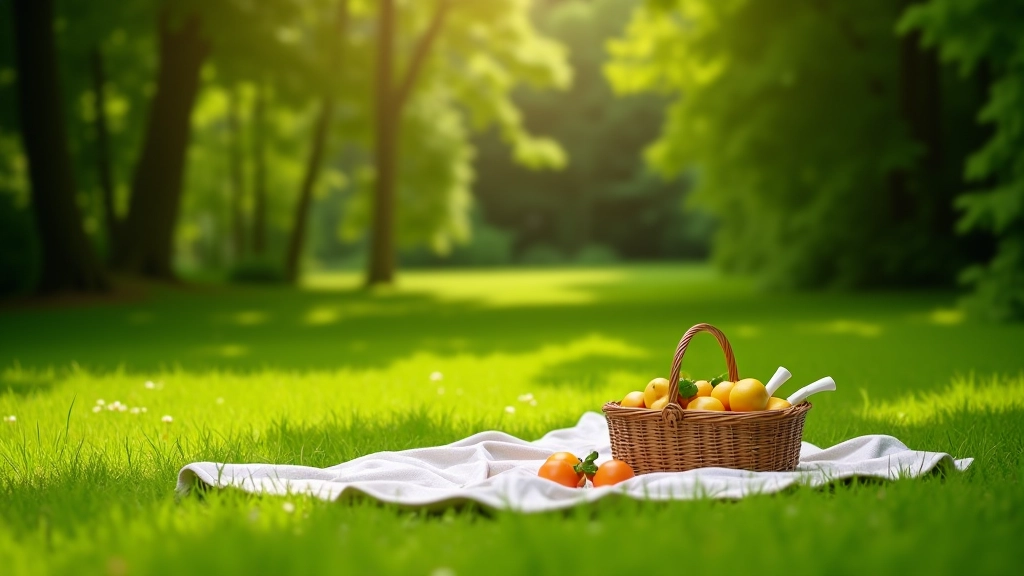 Peaceful picnic setup on green grass near Curraghmore with blanket, basket, and woodland scenery in background