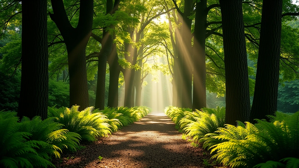 Serene woodland path lined with ancient oak trees and dappled sunlight filtering through dense canopy
