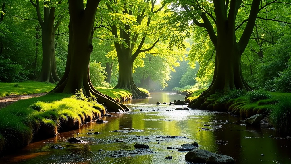 Gentle riverside woodland path with clear water stream, sunlight filtering through beech trees, peaceful forest setting