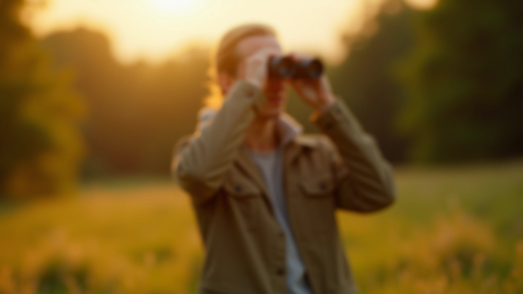 Person observing wildlife from a respectful distance, using binoculars, positioned downwind in natural landscape with deer visible in meadow