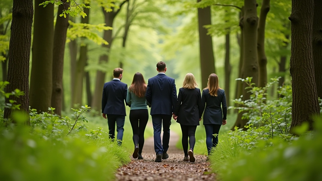 Corporate team wellness retreat in woodland setting