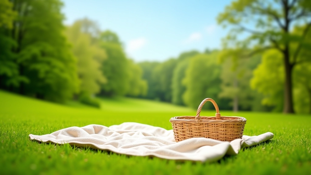 Scenic meadow at Curraghmore with picnic blanket spread out, tree-lined edges, and clear sky above