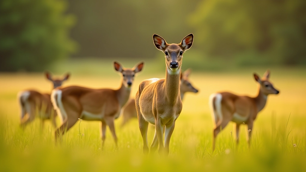 Group of sika deer moving through tall grass and wildflowers in natural habitat, morning mist rising from meadow