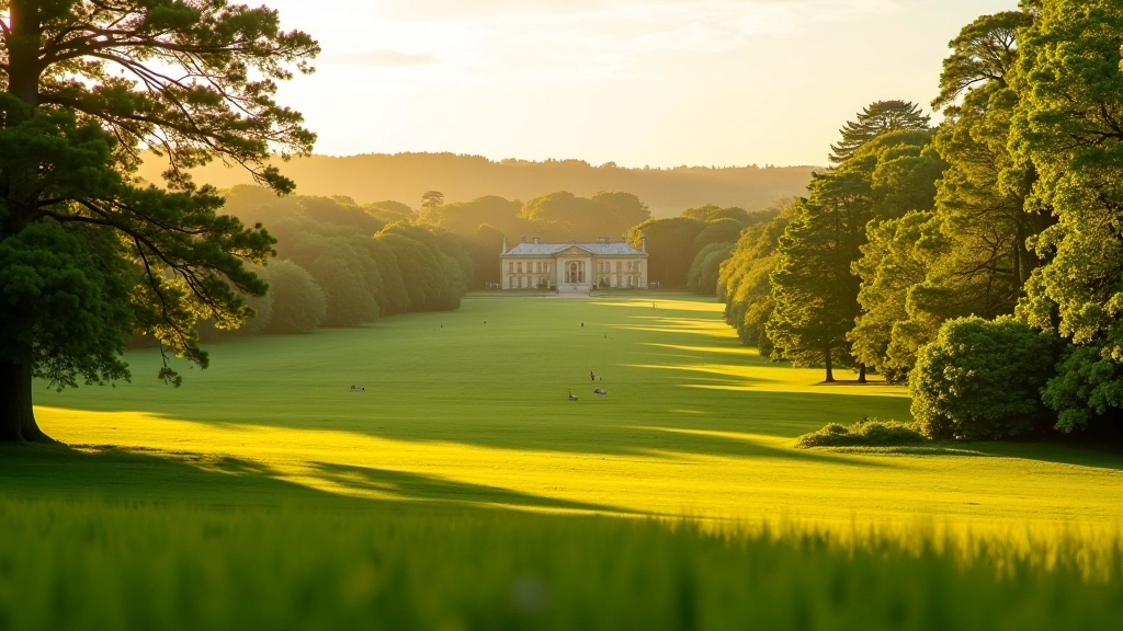 Curraghmore estate grounds with rolling meadows and distant woodland during golden hour light