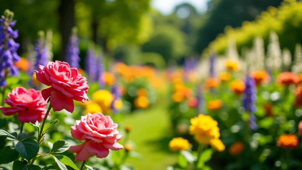 Vibrant summer garden display with red roses, purple delphiniums, and yellow achillea in full bloom surrounded by lush green foliage