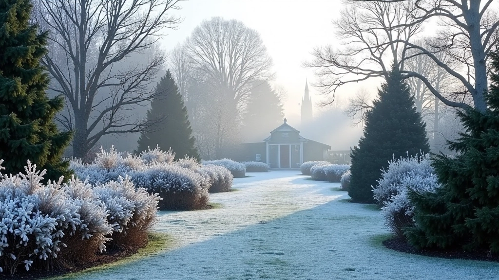 Winter garden with frost-covered evergreens, bare tree branches, and subtle architectural garden elements in misty morning light
