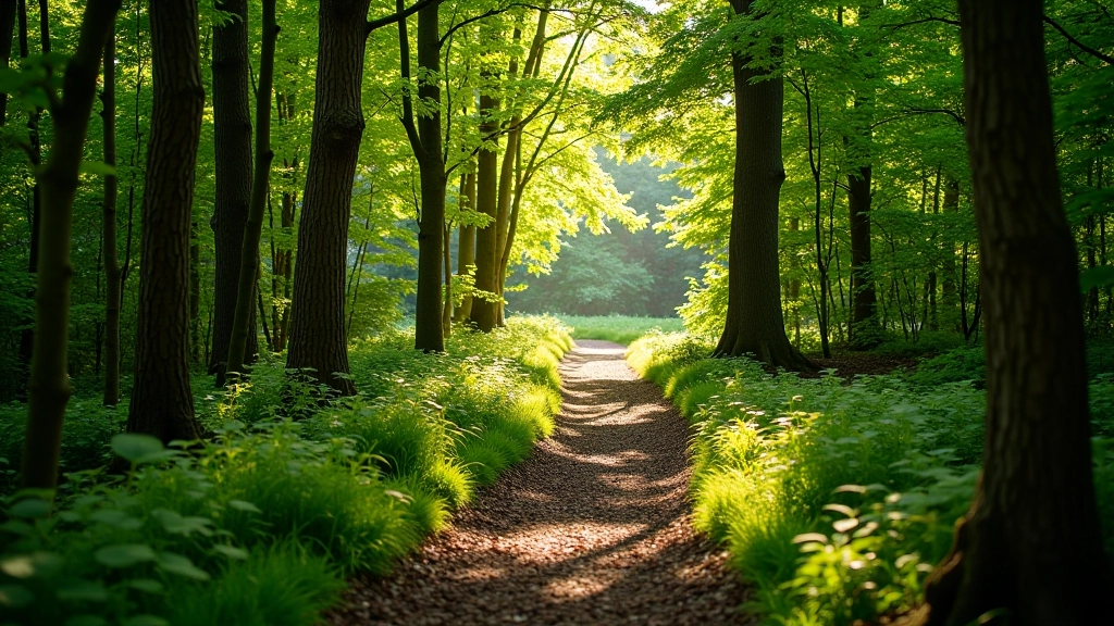 Woodland trail climbing through dense forest with varied tree species, natural hiking path with dappled sunlight